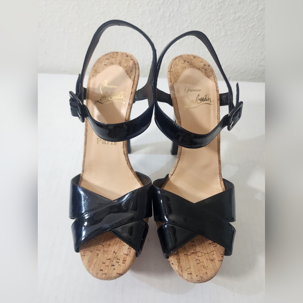 Christian Louboutin Black Patent Leather and Cork Platform Heels Size 38.5 - Picture 9 of 9